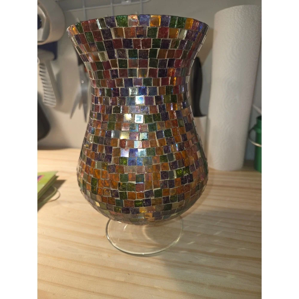 Vintage Mosaic Glass Hurricane Vase Iridescent Multi Color Tile Pedestal Decor